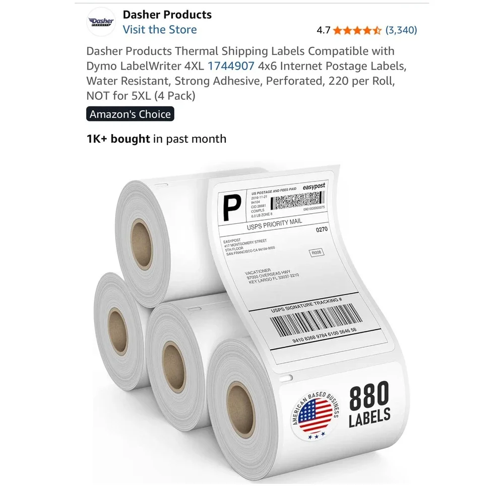 Lot of 2 Dasher 4x6 Thermal Shipping Labels 880 Ct Dymo 4XL Compatible 1744907